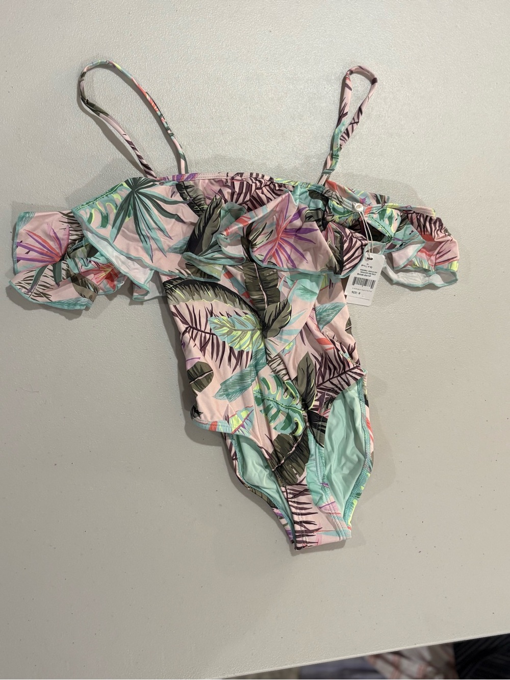 Pilyq Pink & Mint Tropical Off-Shoulder Kids One-Piece Swimsuit